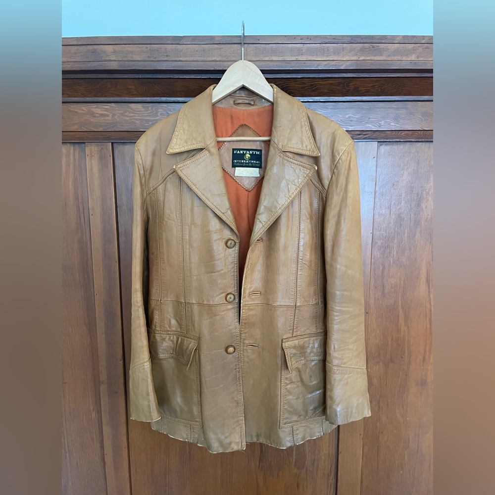 100% Leather Vintage Camel Jacket Retro Sz 8-10